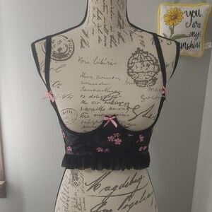 Black Lace Cupless Bralette with Pink Bows And Floral Details (M)